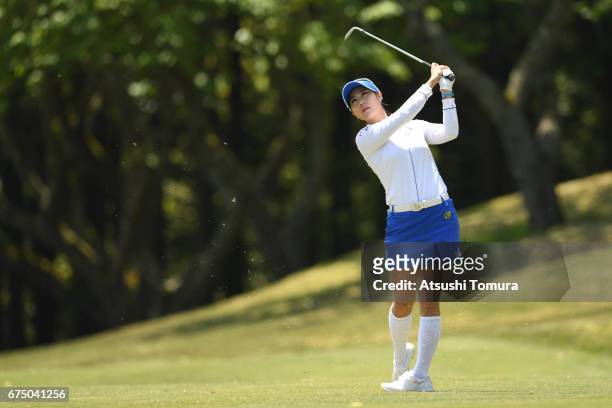 Ha-Neul Kim of South Korea hits her second shot on the 6th hole during the final round of the CyberAgent Ladies Golf Tournament at the Grand Fields...