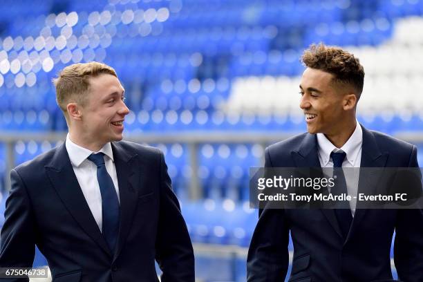 Matthew Pennington and Dominic Calvert-Lewin of Everton arrive before the Premier League match between Everton and Chelsea at the Goodison Park on...