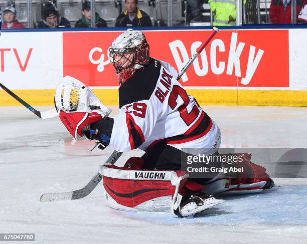Mackenzie Blackwood of the Albany Devils stops a shot against the Toronto Marlies during game 3 action in the Division Semifinal of the Calder Cup...