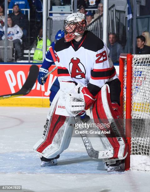 Mackenzie Blackwood of the Albany Devils prepares for a shot against the Toronto Marlies during game 3 action in the Division Semifinal of the Calder...