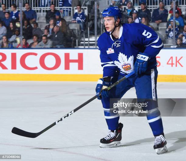 Steven Oleksy of the Toronto Marlies watches the play against the against Albany Devils during game 3 action in the Division Semifinal of the Calder...