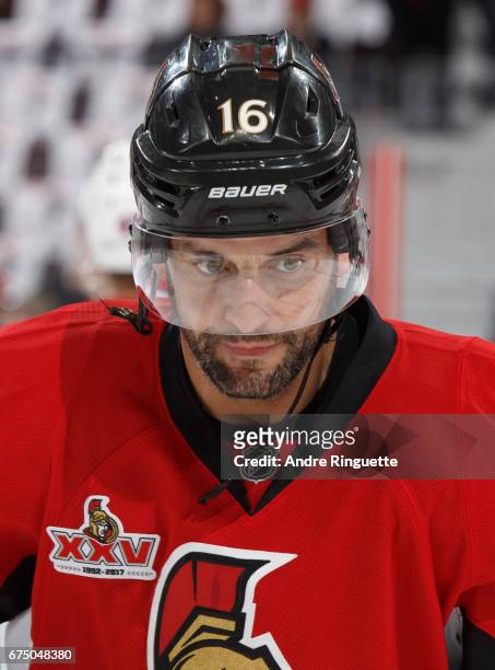 Clarke MacArthur of the Ottawa Senators looks on during warmup prior to playing the New York Rangers in Game One of the Eastern Conference Second...