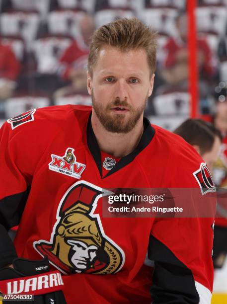 Marc Methot of the Ottawa Senators looks on during warmup prior to playing the New York Rangers in Game One of the Eastern Conference Second Round...