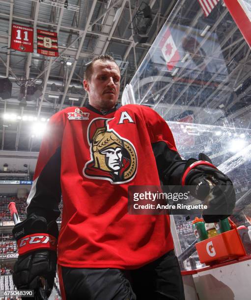 Dion Phaneuf of the Ottawa Senators leaves the ice after warmup prior to playing the New York Rangers in Game One of the Eastern Conference Second...