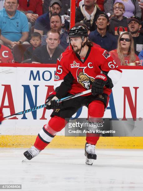 Erik Karlsson of the Ottawa Senators skates against the New York Rangers in Game One of the Eastern Conference Second Round during the 2017 NHL...