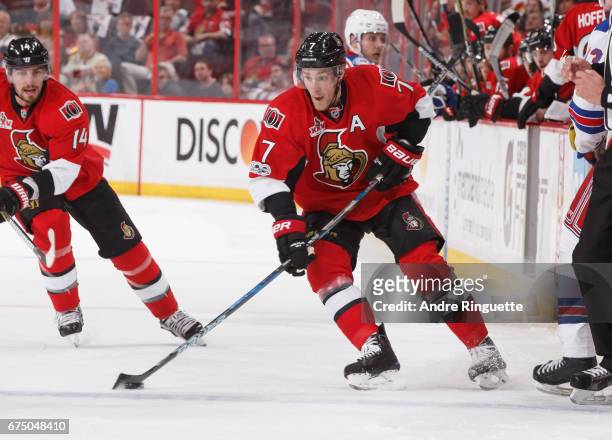 Kyle Turris of the Ottawa Senators skates against the New York Rangers in Game One of the Eastern Conference Second Round during the 2017 NHL Stanley...