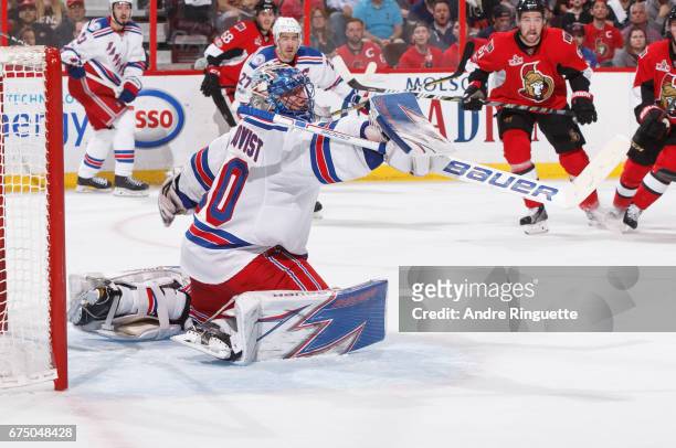 Henrik Lundqvist of the New York Rangers tends net against the Ottawa Senators in Game One of the Eastern Conference Second Round during the 2017 NHL...