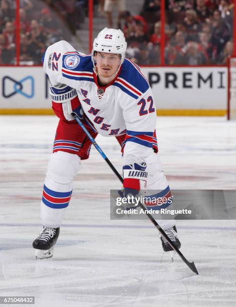 Nick Holden of the New York Rangers prepares for a faceoff against the Ottawa Senators in Game One of the Eastern Conference Second Round during the...