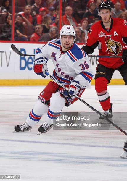 Mats Zuccarello of the New York Rangers skates against the Ottawa Senators in Game One of the Eastern Conference Second Round during the 2017 NHL...