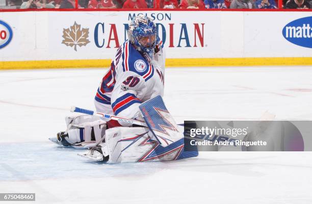 Henrik Lundqvist of the New York Rangers tends net against the Ottawa Senators in Game One of the Eastern Conference Second Round during the 2017 NHL...