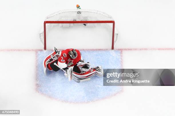 Craig Anderson of the Ottawa Senators makes a save against the New York Rangers in Game One of the Eastern Conference Second Round during the 2017...