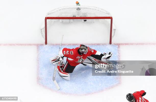 Craig Anderson of the Ottawa Senators makes a save against the New York Rangers in Game One of the Eastern Conference Second Round during the 2017...