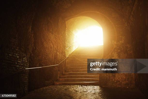 old tunnel with stairs up to the light, rome, italy - light at the end of the tunnel stock pictures, royalty-free photos & images