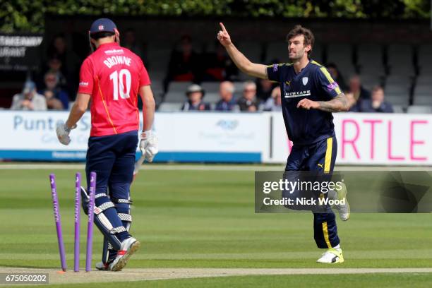 Reece Topley of Hampshire celebrates taking the wicket of Nick Browne during the Royal London One-Day Cup match between Essex and Hampshire at...