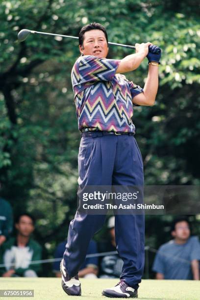 Masashi Ozaki of Japan hits a tee shot during the final round of the Chunichi Crowns at Nagoya Golf Club Wago Course on May 4, 1997 in Togo, Aichi,...