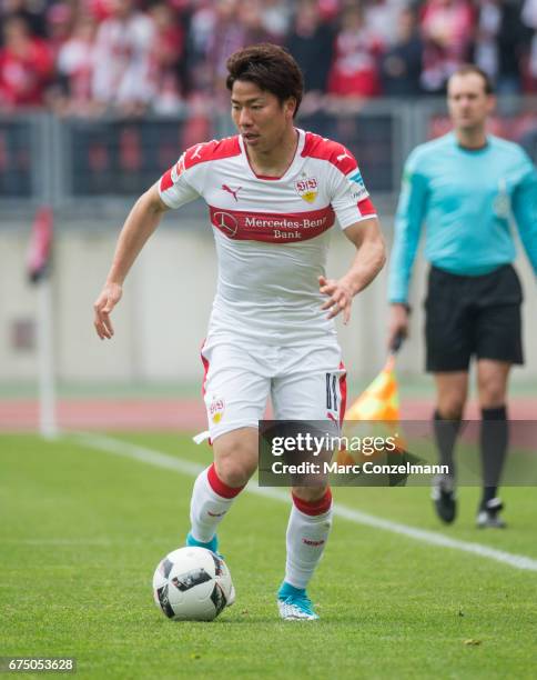 Takuma Asano of Stuttgart with ball during the Second Bundesliga match between 1. FC Nuernberg and VfB Stuttgart at Arena Nuernberg on April 29, 2017...