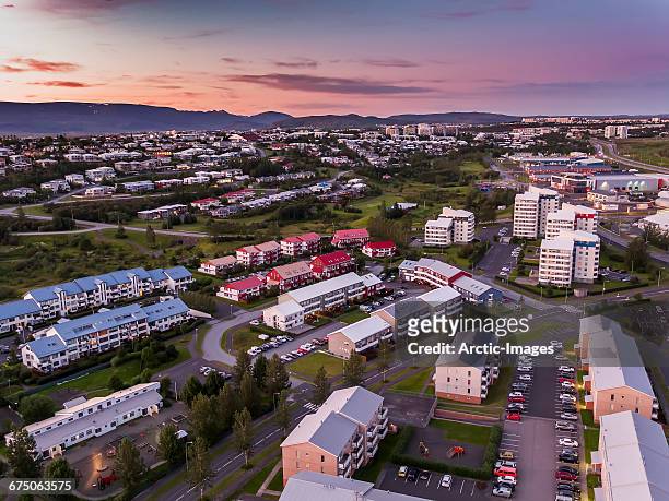 top view- kopavogur, suburb of reykjavik, iceland - reykjavik stockfoto's en -beelden