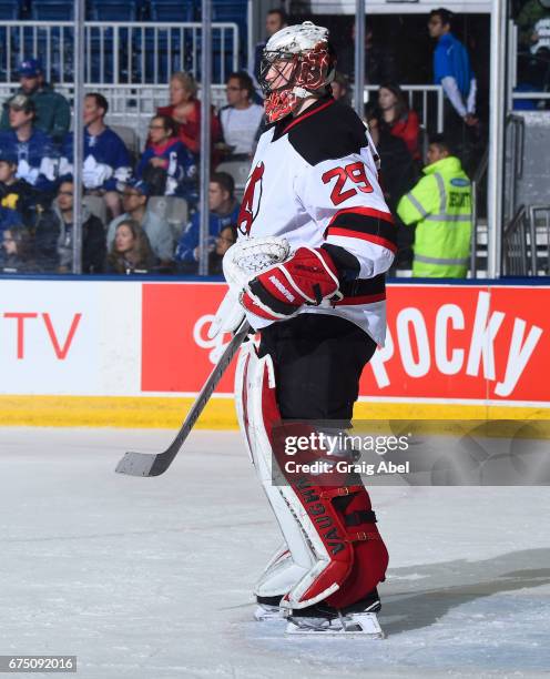 Mackenzie Blackwood of the Albany Devils prepares for a shot against the Toronto Marlies during game 4 action in the Division Semifinal of the Calder...