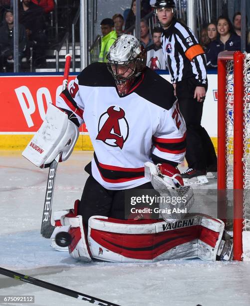 Mackenzie Blackwood of the Albany Devils stops a shot against the Toronto Marlies during game 4 action in the Division Semifinal of the Calder Cup...