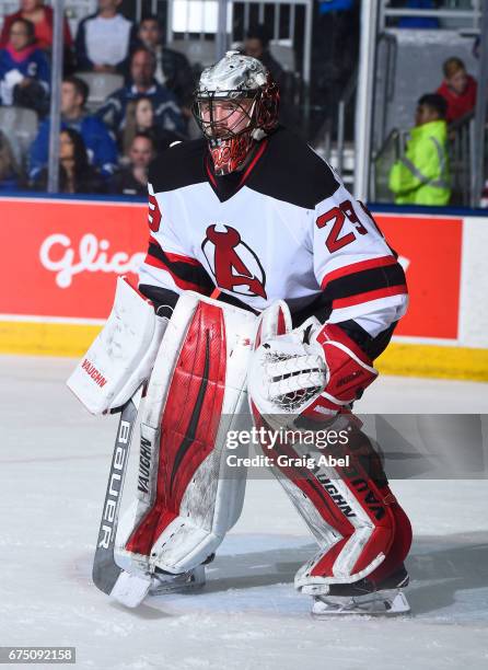 Mackenzie Blackwood of the Albany Devils prepares for a shot against the Toronto Marlies during game 4 action in the Division Semifinal of the Calder...