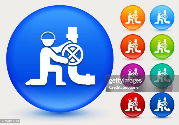 person fixing pipes icon on shiny color circle buttons - hydraulic fracturing icons stock illustrations