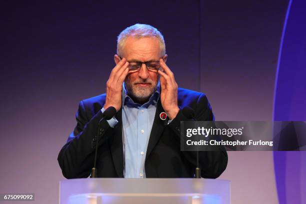 Jeremy Corbyn addresses a conference for head teachers on April 30, 2017 in Telford, England. Britain is to go to the polls on June 8, after British...