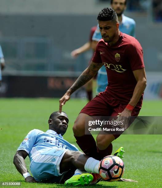 Quissanga Bastos of SS Lazio compete for the ball with Emerson Palmieri of AS Roma during the Serie A match between AS Roma and SS Lazio at Stadio...