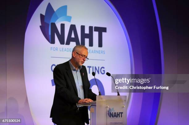 Jeremy Corbyn addresses a conference for head teachers on April 30, 2017 in Telford, England. Britain is to go to the polls on June 8, after British...