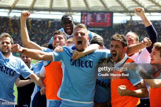 Dusan Basta of SS Lazio celebrates a second goal with his team mates during the Serie A match between AS Roma and SS Lazio at Stadio Olimpico on...