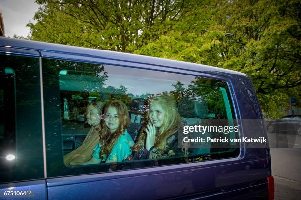 Princess Amalia, Princess Alexia and Princess Ariane of The Netherlands arrive at Royal Stables for an private birthday party for King...