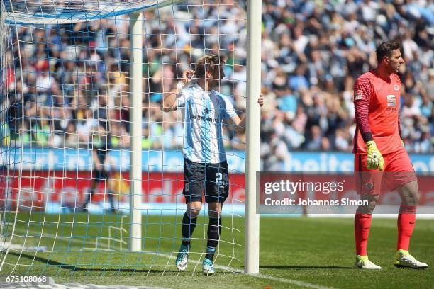 Stefan Aigner of Muenchen looks dejected after missing a chance to score past Jasmin Fejzic, goalkeeper of Braunschweig during the Second Bundesliga...