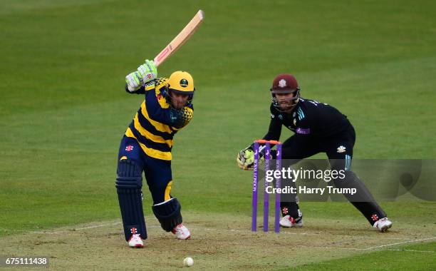 Colin Ingram of Glamorgan bats during the Royal London One-Day Cup match between Glamorgan and Surrey at the Swalec Stadium on April 30, 2017 in...