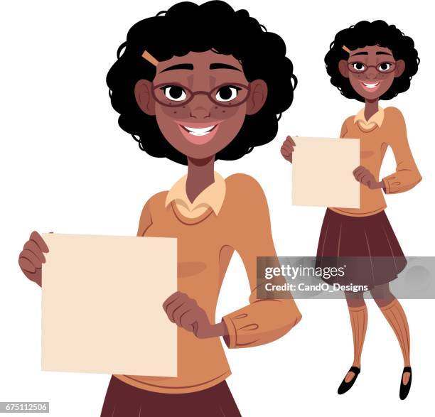 nerdy girl holding sign - girls school uniform stock illustrations