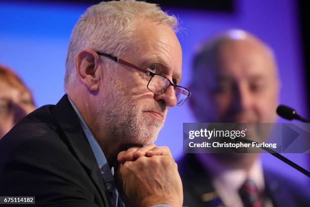 Labour party leader, Jeremy Corbyn, addresses delegates attending the National Association of Head Teachers annual conference at the International...