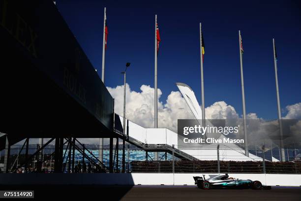 Lewis Hamilton of Great Britain driving the Mercedes AMG Petronas F1 Team Mercedes F1 WO8 on track during the Formula One Grand Prix of Russia on...