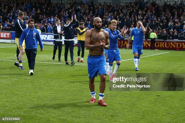 Josh Parker of Gillingham celebrates after his side avoided relegation at the end of the Sky Bet League One match between Northampton Town and...