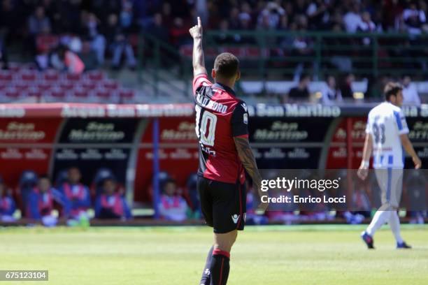 Joao Pedro of Cagliari celebrates his goal during the Serie A match between Cagliari Calcio and Pescara Calcio at Stadio Sant'Elia on April 30, 2017...