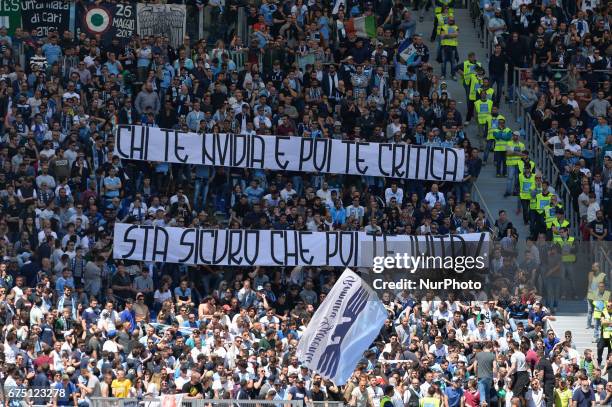 Lazio supporters during the Italian Serie A football match between A.S. Roma and S.S. Lazio at the Olympic Stadium in Rome, on april 30, 2017.