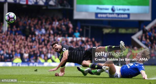 Diego Costa of Chelsea and Tom Davies of Everton during the Premier League match between Everton and Chelsea at Goodison Park on April 30, 2017 in...
