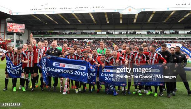 Sheffield United celebrate winning the league after during the Sky Bet League One match at Bramall Lane, Sheffield.