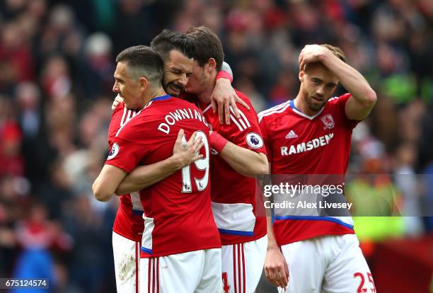Alvaro Negredo of Middlesbrough celebrates scoring his sides first goal with his Middlesbrough team mates during the Premier League match between...