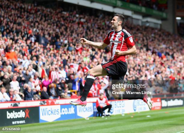 Daniel Lafferty of Sheffield United celebrates scoring the third goal during the Sky Bet League One match between Sheffield United and Chesterfield...