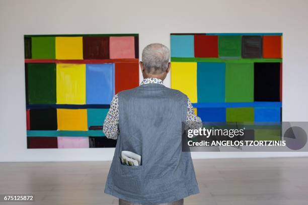 Visitor stands in front of artworks by US artist Stanley Whitney at the National Museum of Contemporary Art in Athens, on April 30, 2017 during of...
