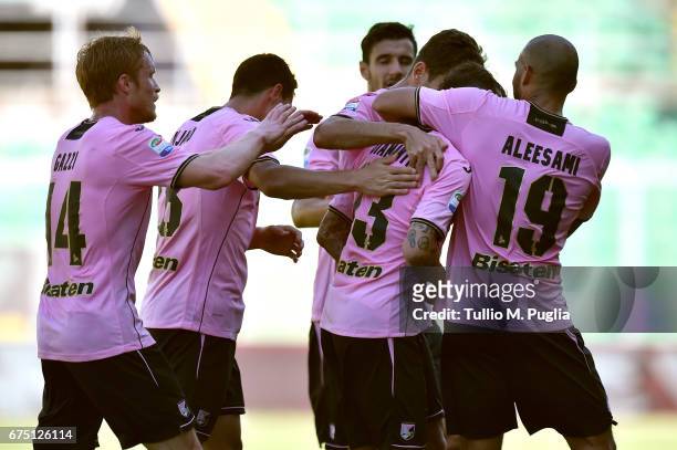 Alessandro Diamanti of Palermo is celebrated after scoring the opening goal during the Serie A match between US Citta di Palermo and ACF Fiorentina...
