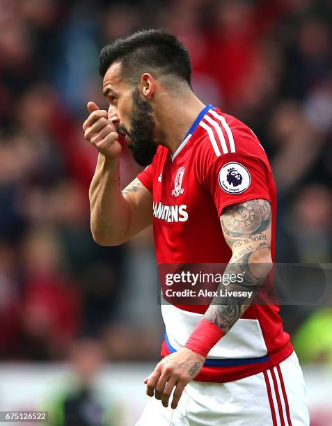 Alvaro Negredo of Middlesbrough celebrates scoring his sides first goal during the Premier League match between Middlesbrough and Manchester City at...