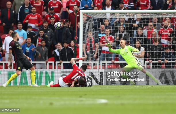 Álvaro Negredo of Middlesborough scores the opening goal during the Premier League match between Middlesbourgh and Manchester City at Riverside...