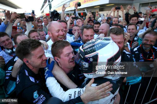 Race winner Valtteri Bottas of Finland and Mercedes GP celebrates in parc ferme during the Formula One Grand Prix of Russia on April 30, 2017 in...
