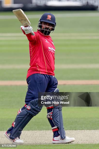 Ashar Zaidi salutes his team mates and crowd having scored fifty runs whilst batting at Cloudfm County Ground on April 30, 2017 in Chelmsford,...