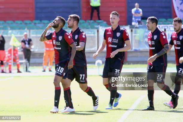 Joao Pedro of Cagliari celebrates his goal during the Serie A match between Cagliari Calcio and Pescara Calcio at Stadio Sant'Elia on April 30, 2017...