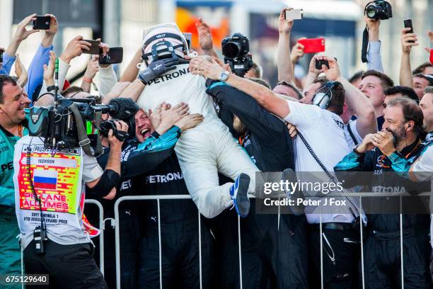 Valterri Bottas of Mercedes and Finland wins the Formula One Grand Prix of Russia on April 30, 2017 in Sochi, Russia.